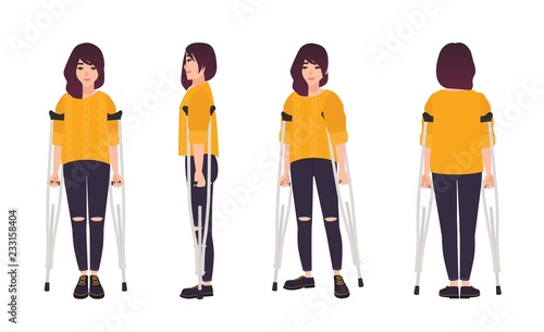 Smiling young woman standing or walking with crutches. Cute girl with limited mobility. Happy female cartoon character with physical disability or impairment. Vector illustration in flat style.