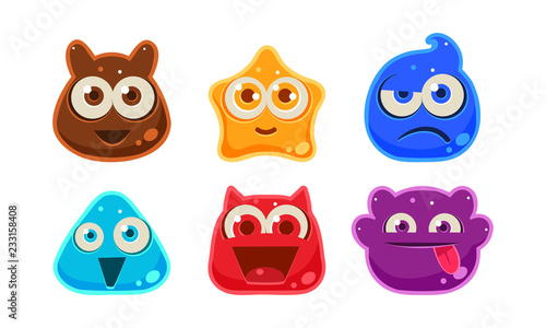 Cute funny colorful jelly monsters set, user interface assets for mobile apps or video games vector Illustration on a white background