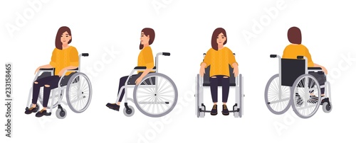 Smiling young woman in wheelchair isolated on white background. Female character undergoing rehabilitation after trauma or disease. Front, side, back views. Vector illustration in flat cartoon style.
