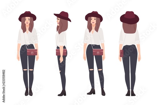 Young woman dressed in fashionable clothes. Stylish smiling girl. Female cart...