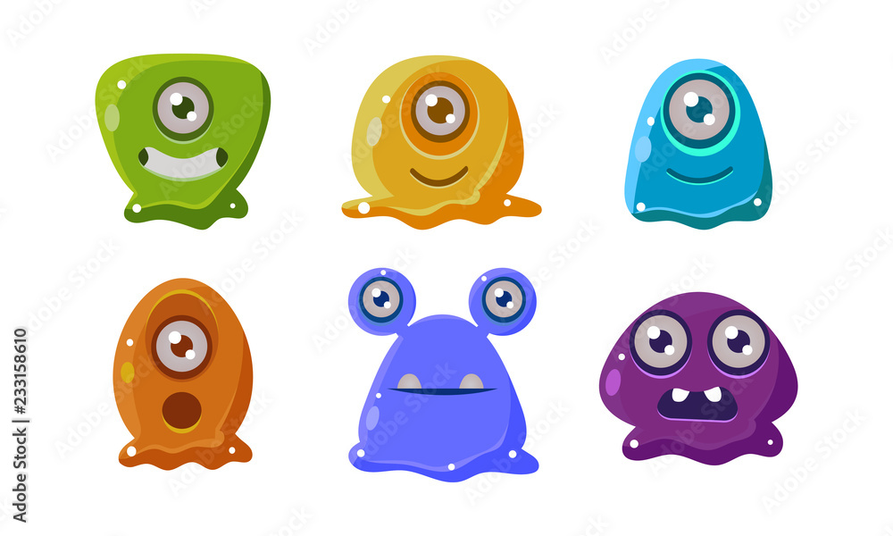 Funny cartoon colorful glossy aliens set, user interface assets for mobile apps or video games vector Illustration on a white backgroun Funny cartoon colorful glossy aliens set, user interface assets for mobile apps or video games vector Illustration on a white backgroun