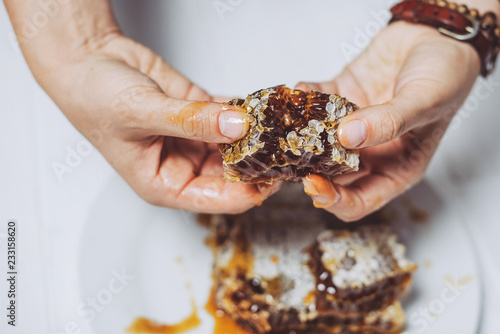 Holding a piece of honeycomb © A. Aleksandravicius