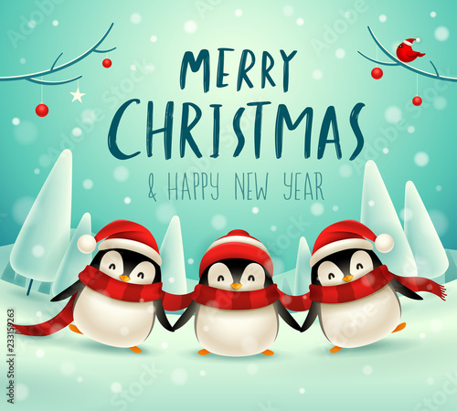 Cute little penguins in Christmas snow scene winter landscape. Christmas cute animal cartoon character.