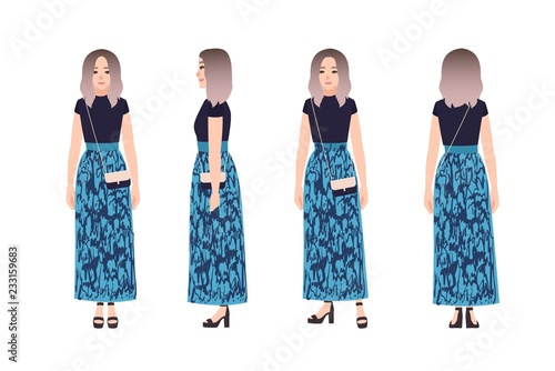 Pretty cute young woman dressed in trendy clothes. Fashionable girl, street style look. Female cartoon character isolated on white background. Front, side and back views. Flat vector illustration.