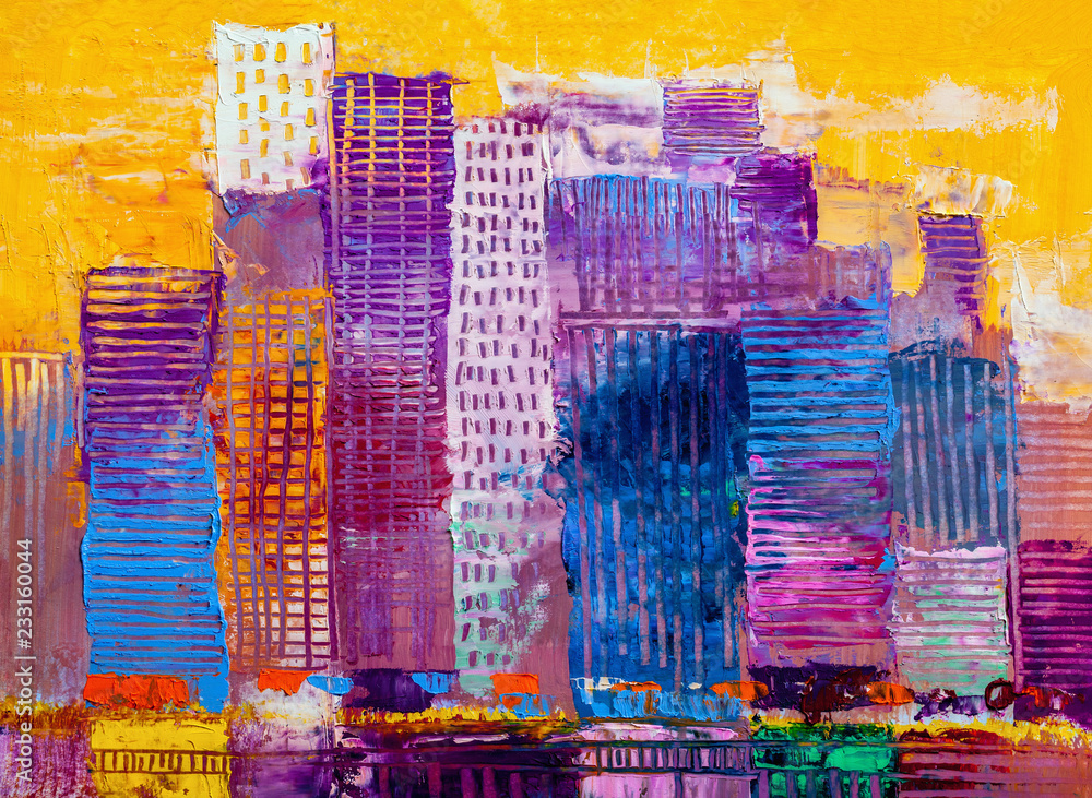 Abstract oil painting cityscape, with skyscrapers against a sun