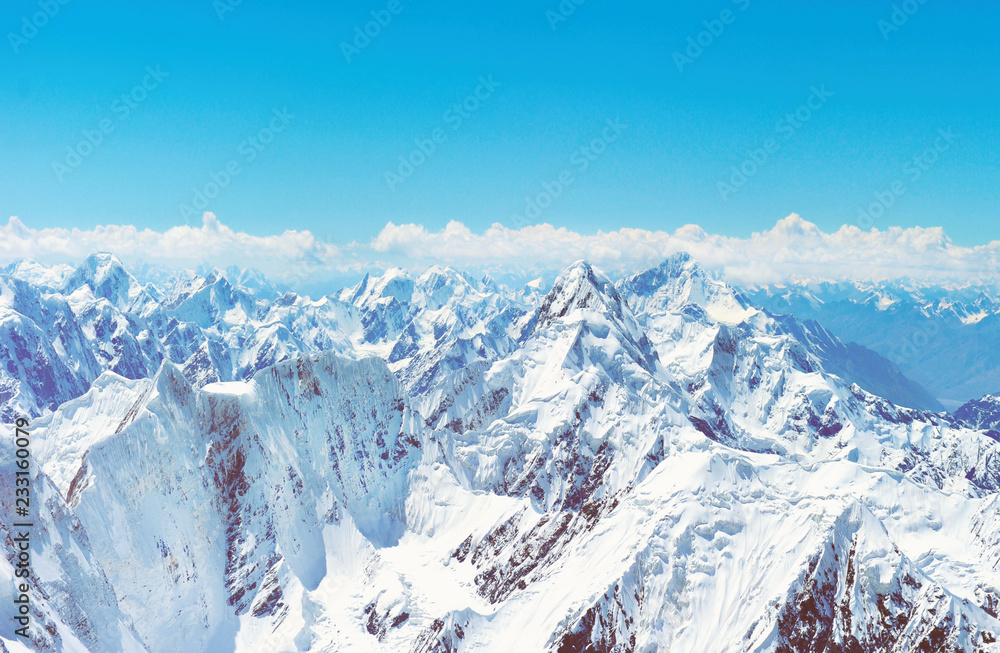 Everest Region of the Himalayas, Nepal. Panorama of snowy mountain peaks