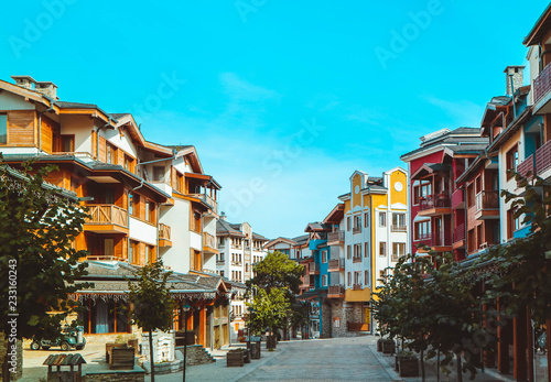 Apartments in Balkans Mountains, Europe, Bulgaria. Luxury houses at the Pirin Golf village, summertime.