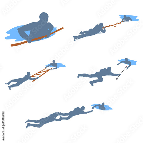 Drowning rescue on ice. Vector.