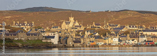 Lerwick with it's prominant Town Hall from across the water from Bressay, Shetland, UK.