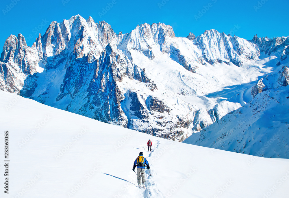 Skier in mountains. Active vacation concept, France, Chamonix
