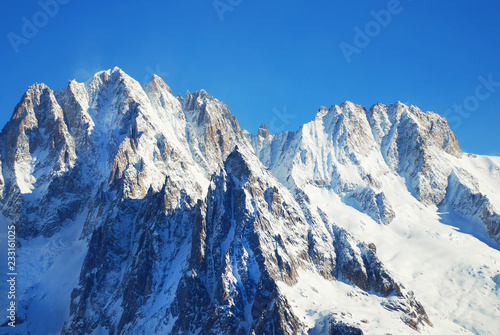 Snowy peaks at the Mont Blanc area. Mont Blanc mountain massif summer landscape