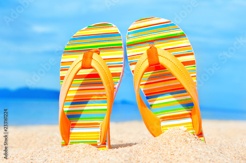 Beach sandals on the sandy coast. Summer holiday and vacation concept.