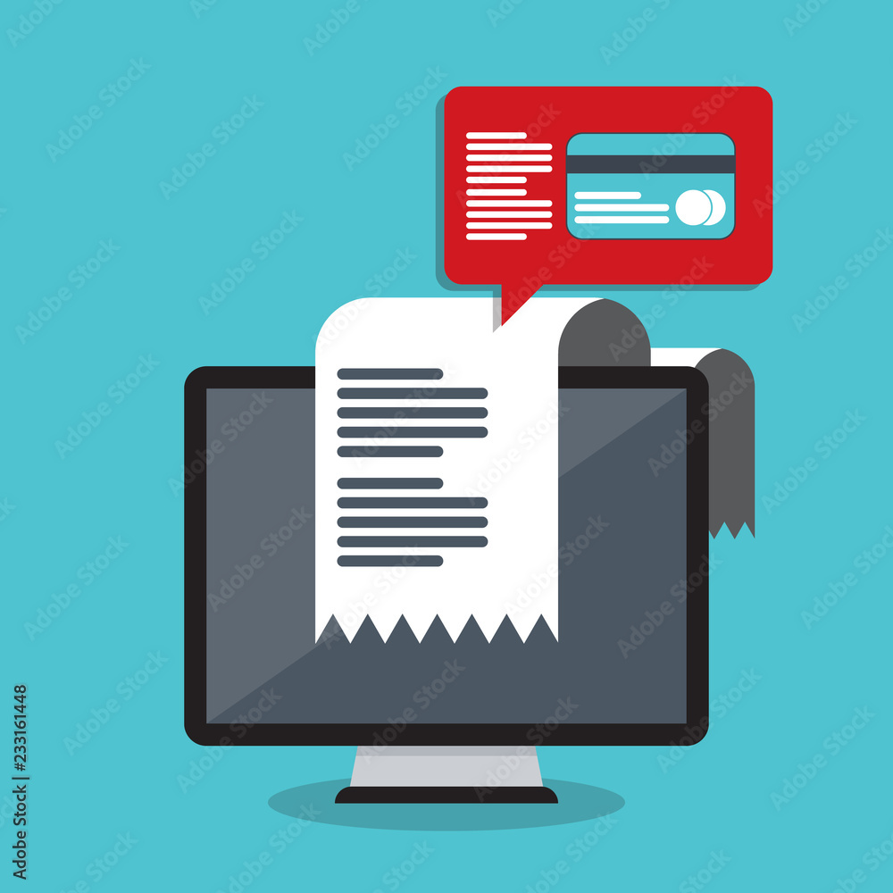 Online payment on computer vector illustration, flat cartoon big pay bill tax via credit card and desktop pc concept Online payment on computer vector illustration, flat cartoon big pay bill tax via credit card and desktop pc concept