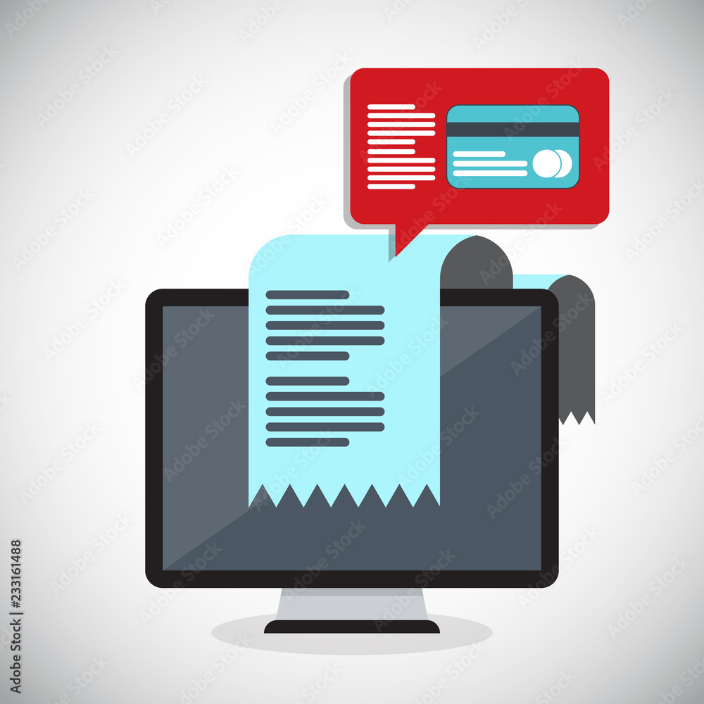 Online payment on computer vector illustration, flat cartoon big pay bill tax via credit card and desktop pc concept Online payment on computer vector illustration, flat cartoon big pay bill tax via credit card and desktop pc concept