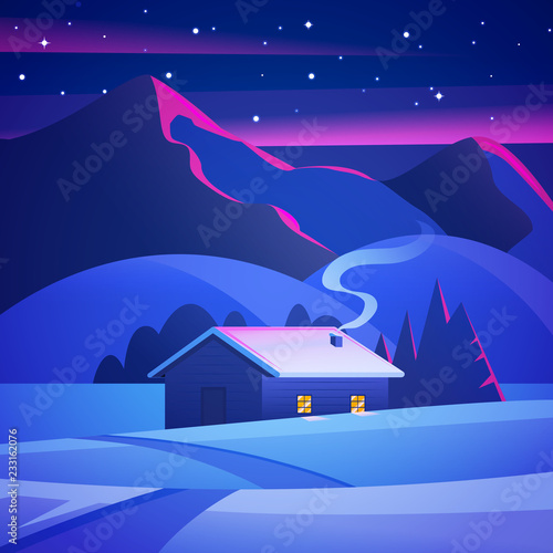 Christmas Landscape house in winter forest. Night landscape with mountains and a lonely hut