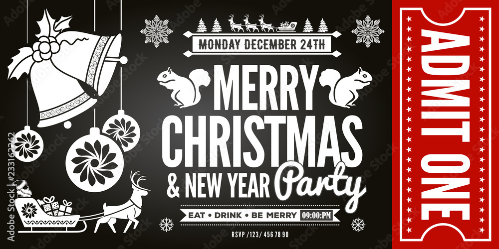 Fototapeta premium Christmas and New Year Party Ticket Invitation. Vector illustration.