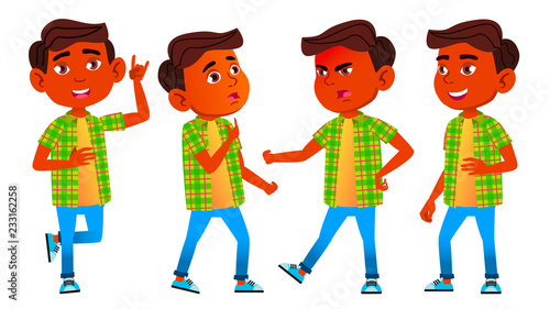 Boy Schoolboy Kid Poses Set Vector. Indian, Hindu. Asian. Primary School Child. Cheerful Pupil. Teenager, Classroom. For Postcard, Announcement, Cover Design. Isolated Cartoon Illustration