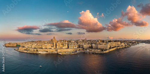 Aerial view of Valletta city - capital of Malta country. Sunset 