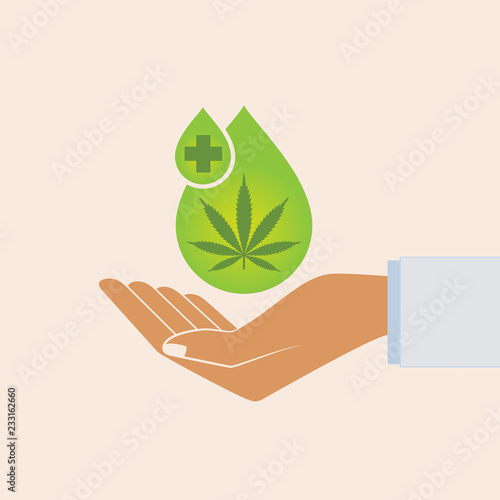 Hand holding oil drop with a marijuana leaf. Medical Cannabis oil. CBD oil cannabis extract. Natural Hemp oil. Icon product label and logo graphic template. Isolated vector illustration.