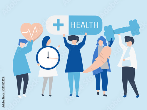 Charactes of people holding health icons illustration