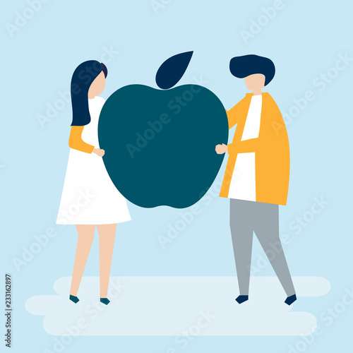 Character of a couple holding an apple illustration