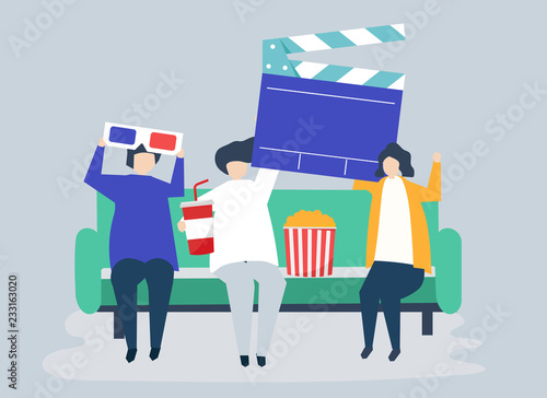 Characters of people holding movie icons illustration