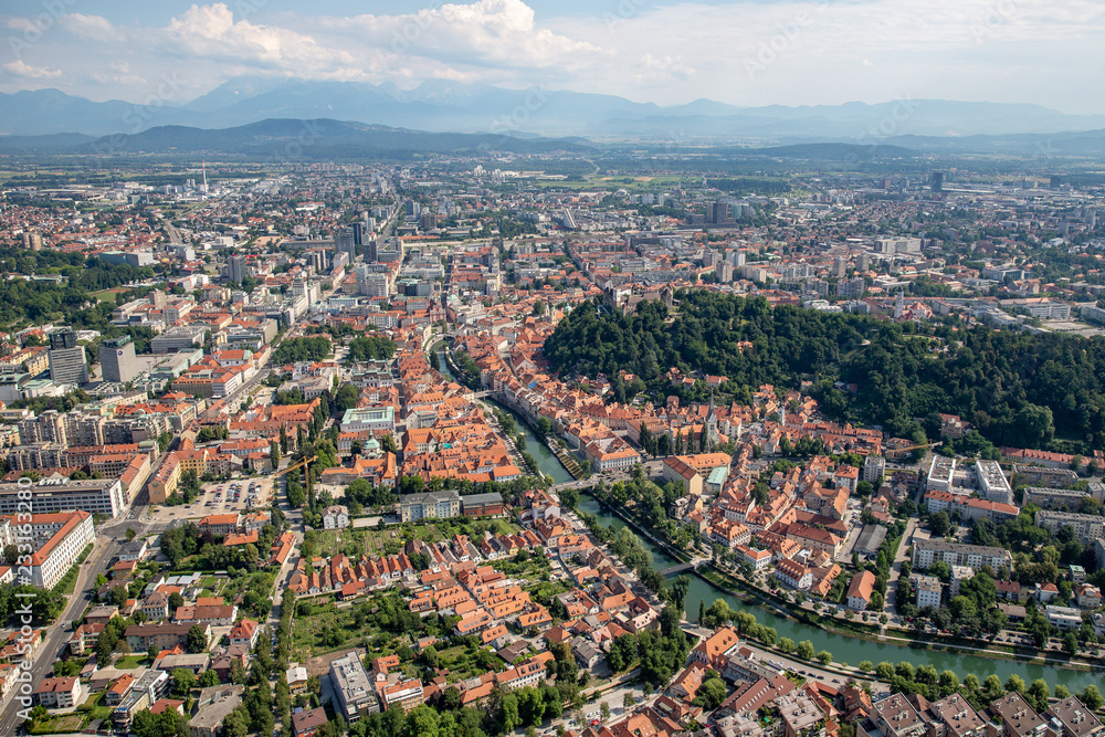 Aerial view of Ljubljana old town and Ljubljanica River, Capital city of Slovenia