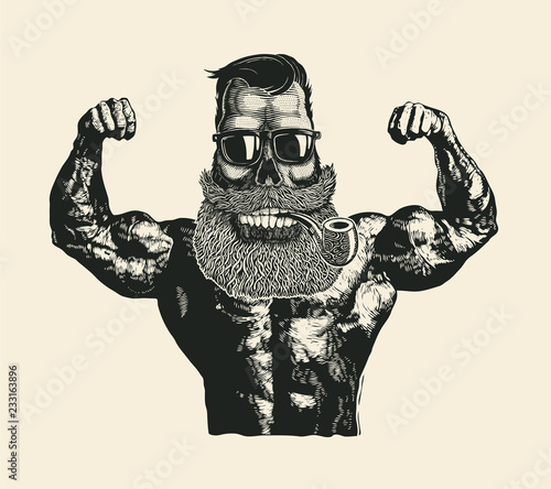 Skull Hipster Bodybuilder with mustache, beard, tobacco pipes and sunglasses. Comic character. Vector Illustration.