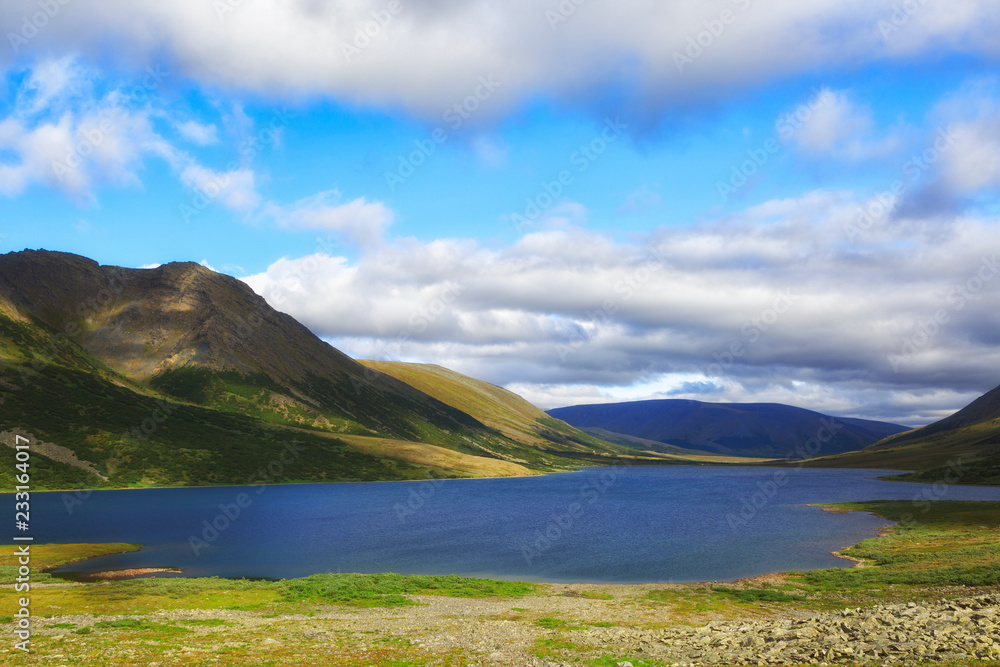 Summer landscape with mountains and lake in the tundra, Yamal, Russia