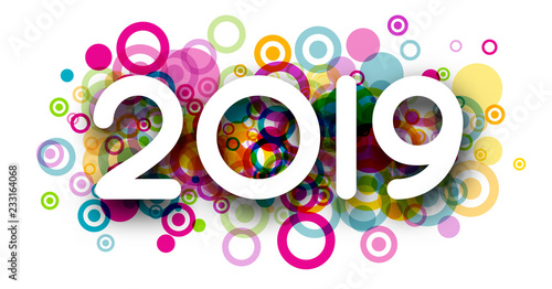 White New Year 2019 poster with colorful geometric pattern.