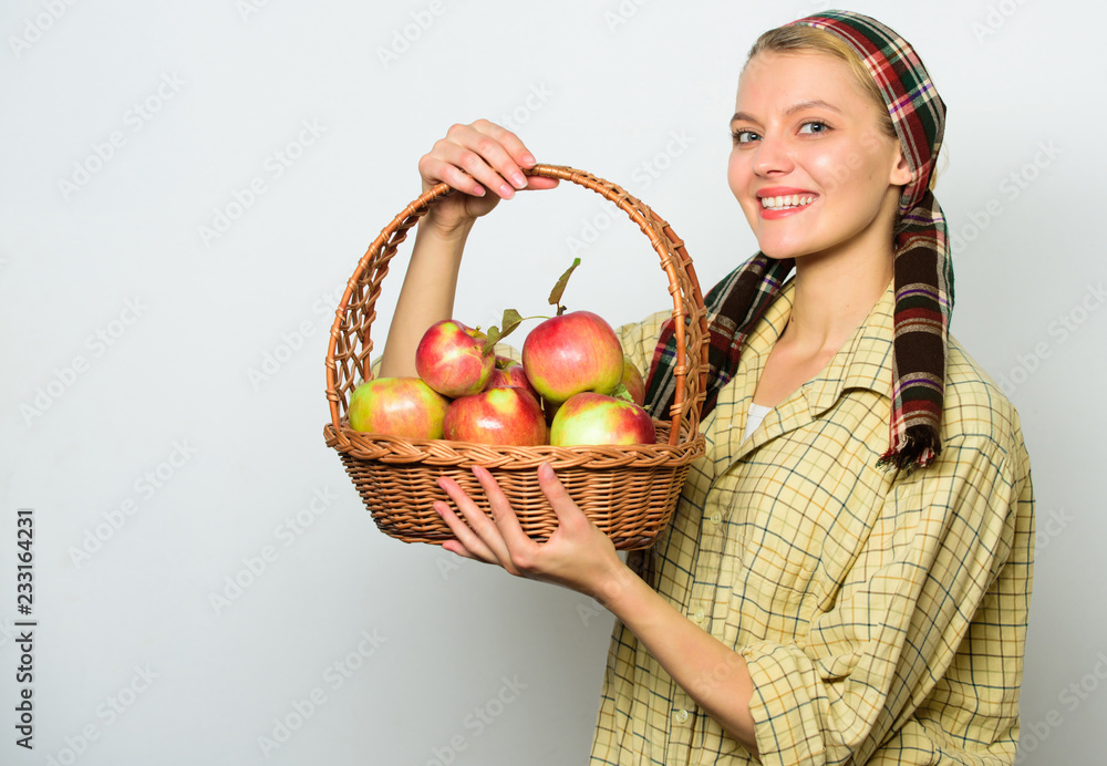 Lady farmer or gardener proud of her harvest. Natural gifts concept. Woman cheerful carry basket with natural fruits. Woman gardener rustic style hold basket with apples harvest on light background Lady farmer or gardener proud of her harvest. Natural gifts concept. Woman cheerful carry basket with natural fruits. Woman gardener rustic style hold basket with apples harvest on light background