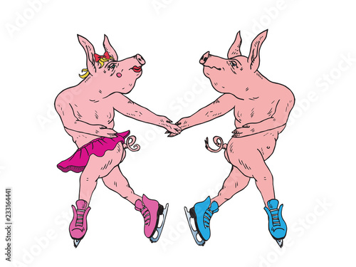 Pigs couples dancing in ice skates, hand drawn doodle, sketch, vector color illustration