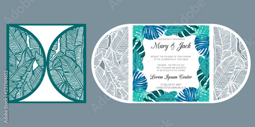 Laser cut wedding invitation card template vector. Die cut paper card with tropical pattern of banana leaves. Cutout paper gate fold card for laser cutting or die cutting template.