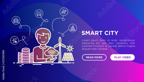 Smart city concept: urbanist develops city project with thin line icons: green energy, efficient mobility, balanced traffic, electric transport. Vector illustration, web page template