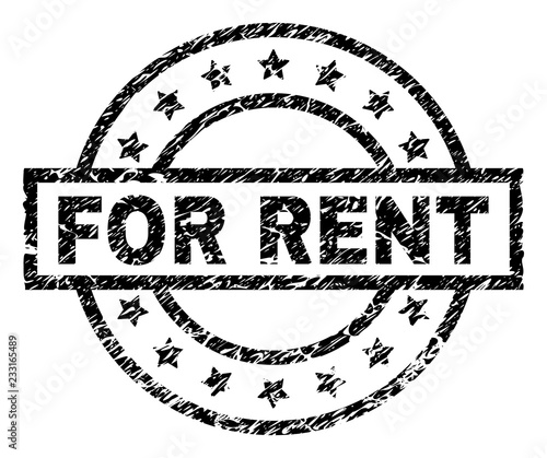 FOR RENT stamp seal watermark with distress style. Designed with rectangle, circles and stars. Black vector rubber print of FOR RENT caption with dust texture.