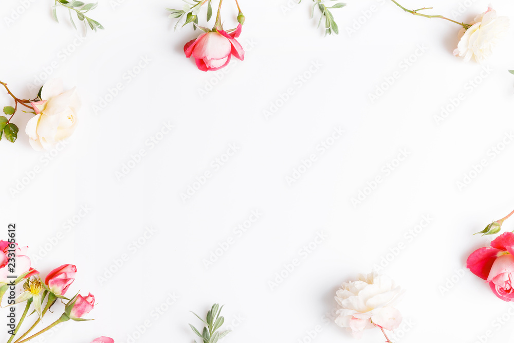 Festive pink flower English rose composition on the white background. Overhead top view, flat lay. Copy space. Birthday, Mother's, Valentines, Women's, Wedding Day concept.