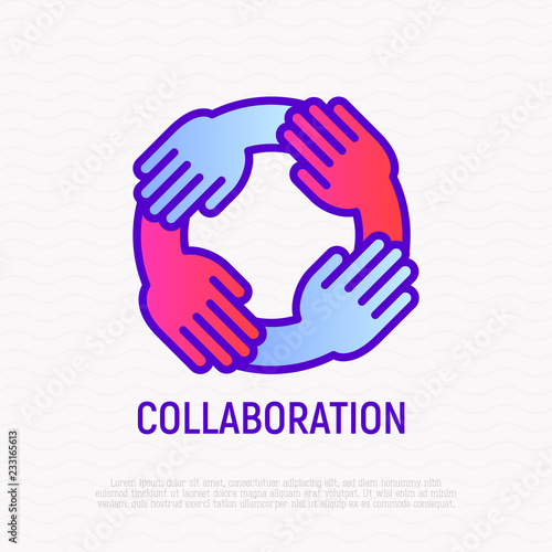 Collaboration thin line icon: four hands holding each other. Modern vector illustration of teamwork, support, partnership.