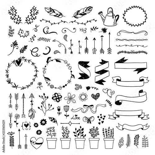 Hand drawn graphic set with cute vector doodle elements, ribbons, arrows, wreaths, plants, florals. Lovely boho style illustrations on white background