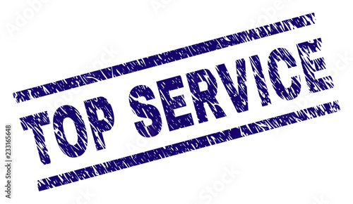TOP SERVICE seal print with distress style. Blue vector rubber print of TOP SERVICE title with corroded texture. Text title is placed between parallel lines.