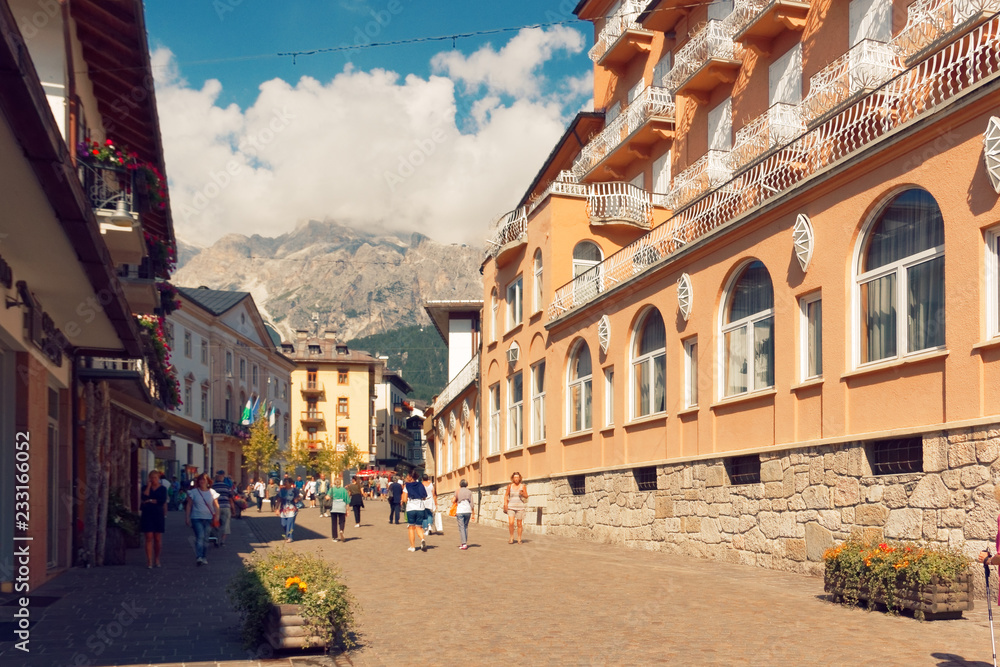 Beluno, Italy-August 9, 2018: The mountain village of Cortina di Ampezzo.