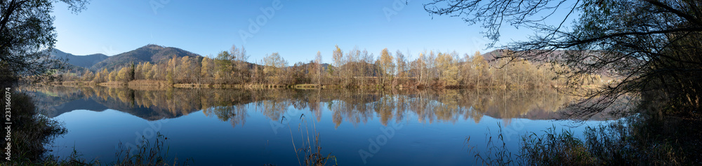 panoramic view autumn on mur river near village deutschfeistritz in styria, austria panoramic view autumn on mur river near village deutschfeistritz in styria, austria