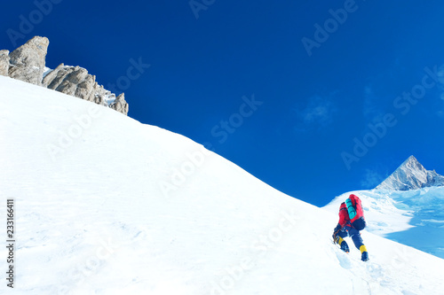 Climber reaches the summit of Everest. Mountain peak Everest. Highest mountain in the world. National Park, Nepal