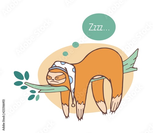 Adorable sloth sleeping on branch. Lazy wild jungle animal taking nap or dozing on rainforest tree. Funny cartoon character isolated on white background. Colored hand drawn vector illustration.