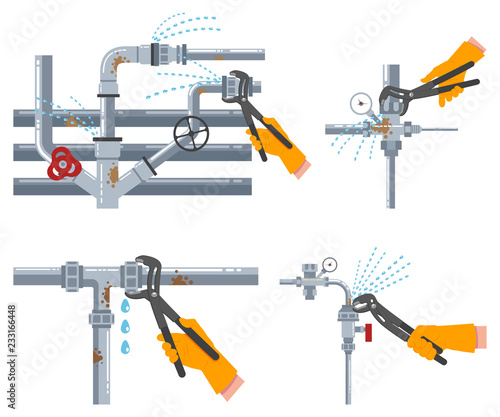 Leaking water pipes and plumbing repairs with an adjustable wrench. Vector flat set isolated on white background.
