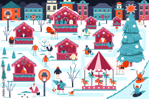 Christmas market vector illustration. Xmas fair with street food stores, Santa Claus, happy people and carousel. Winter holiday city landscape flat image.