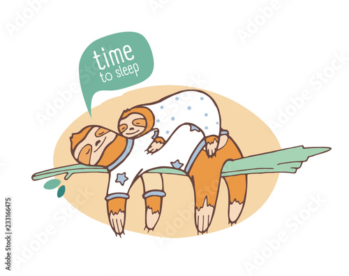 Pair of mom and baby sloths sleeping on branch