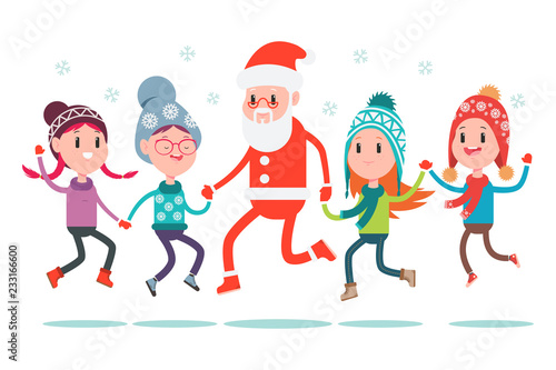 Happy boys and girls jumping with Santa Claus. Vector cartoon Christmas illustration of children characters isolated on white background.