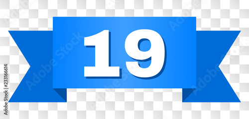 19 text on a ribbon. Designed with white title and blue tape. Vector banner with 19 tag on a transparent background.