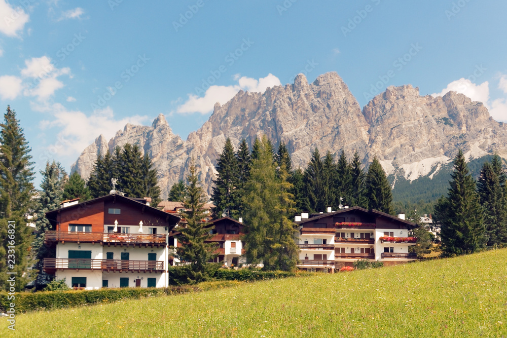 Beluno, Italy-August 9, 2018: The mountain village of Cortina di Ampezzo. Beluno, Italy-August 9, 2018: The mountain village of Cortina di Ampezzo.