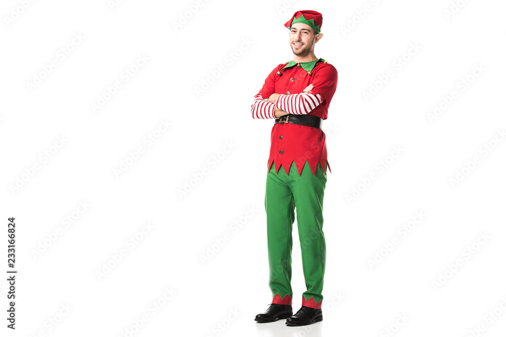 man in christmas elf costume with crossed arms looking at camera isolated on white background man in christmas elf costume with crossed arms looking at camera isolated on white background